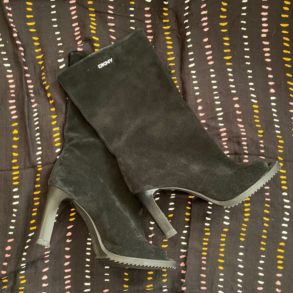 DKNY Black Suede Peep‎ Toe Mid-Calf Stiletto Boots US 8.5M